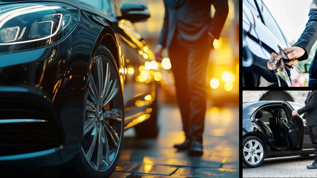 Professional chauffeur opening door of luxury black car in San Francisco city center.